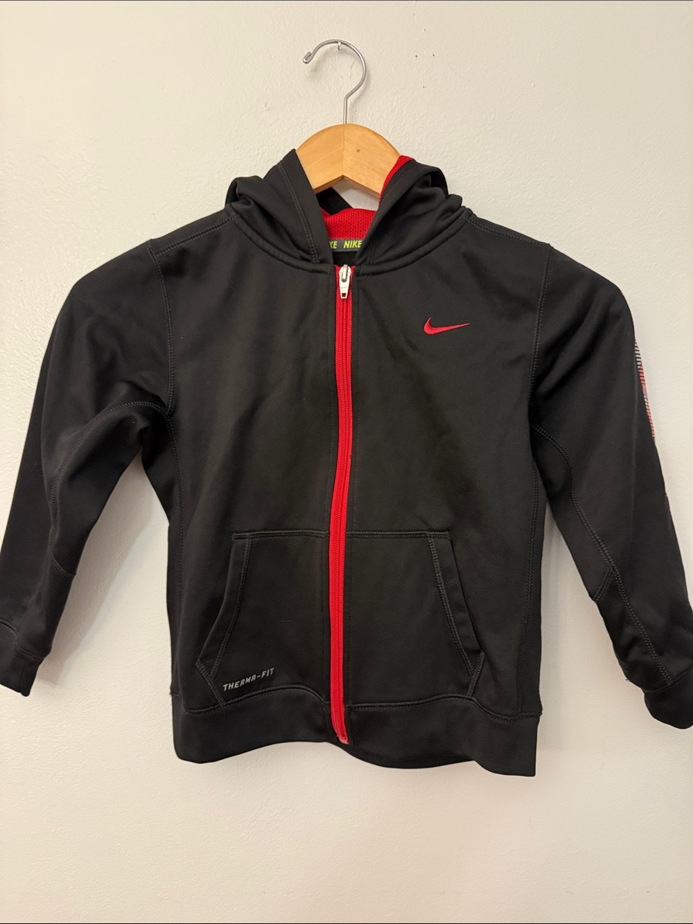 Nike ThermaFit Black Hoodie with Red Accents Kids Full-Zip